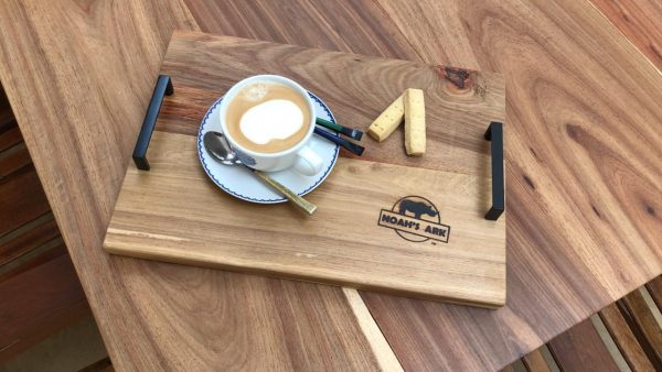 Buy Noah’s Ark serving tray - Jakkalsvallei Kiaat wood and steel tray branded with the Noah’s ark trademark.